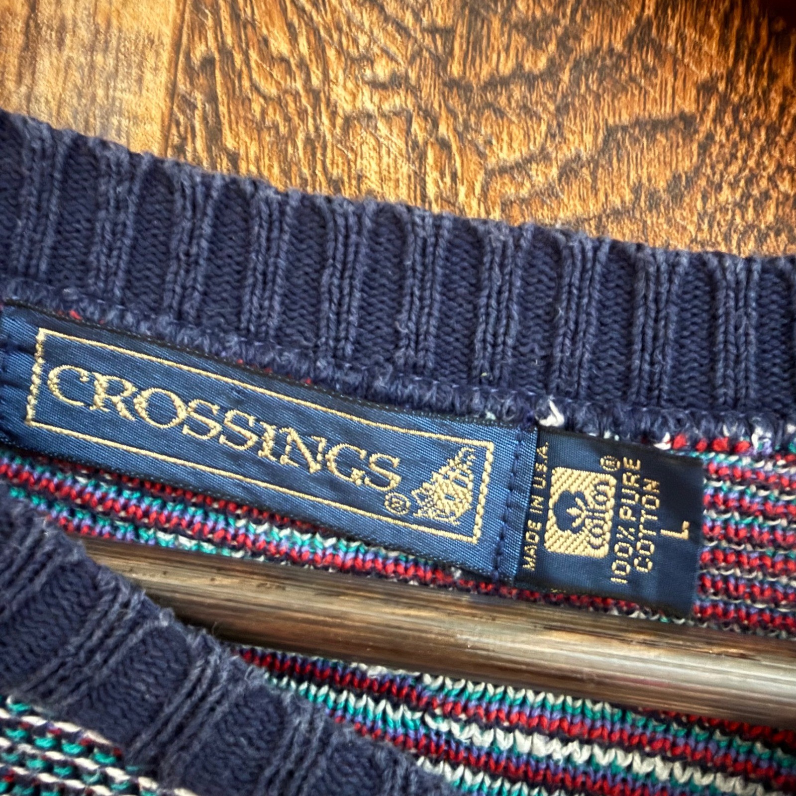 Vintage Crossings Mens Large Cotton Hot Air Balloon Cloud Knit Sweater Navy USA