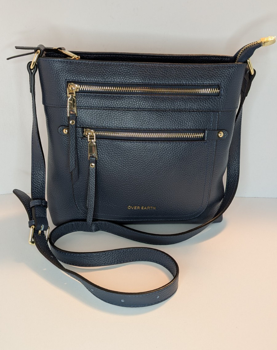 Over Earth Navy Blue Pebbled Leather Crossbody Bag Multi-Pocket Classic Everyday