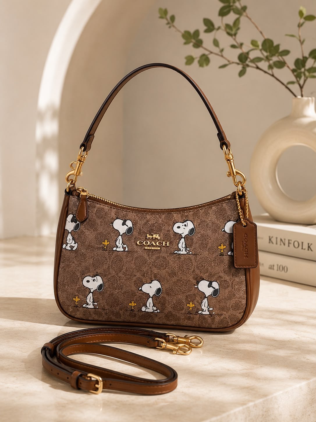 COACH x PEANUTS Teri Shoulder Bag Tan Brown Snoopy Signature Canvas CBJ88