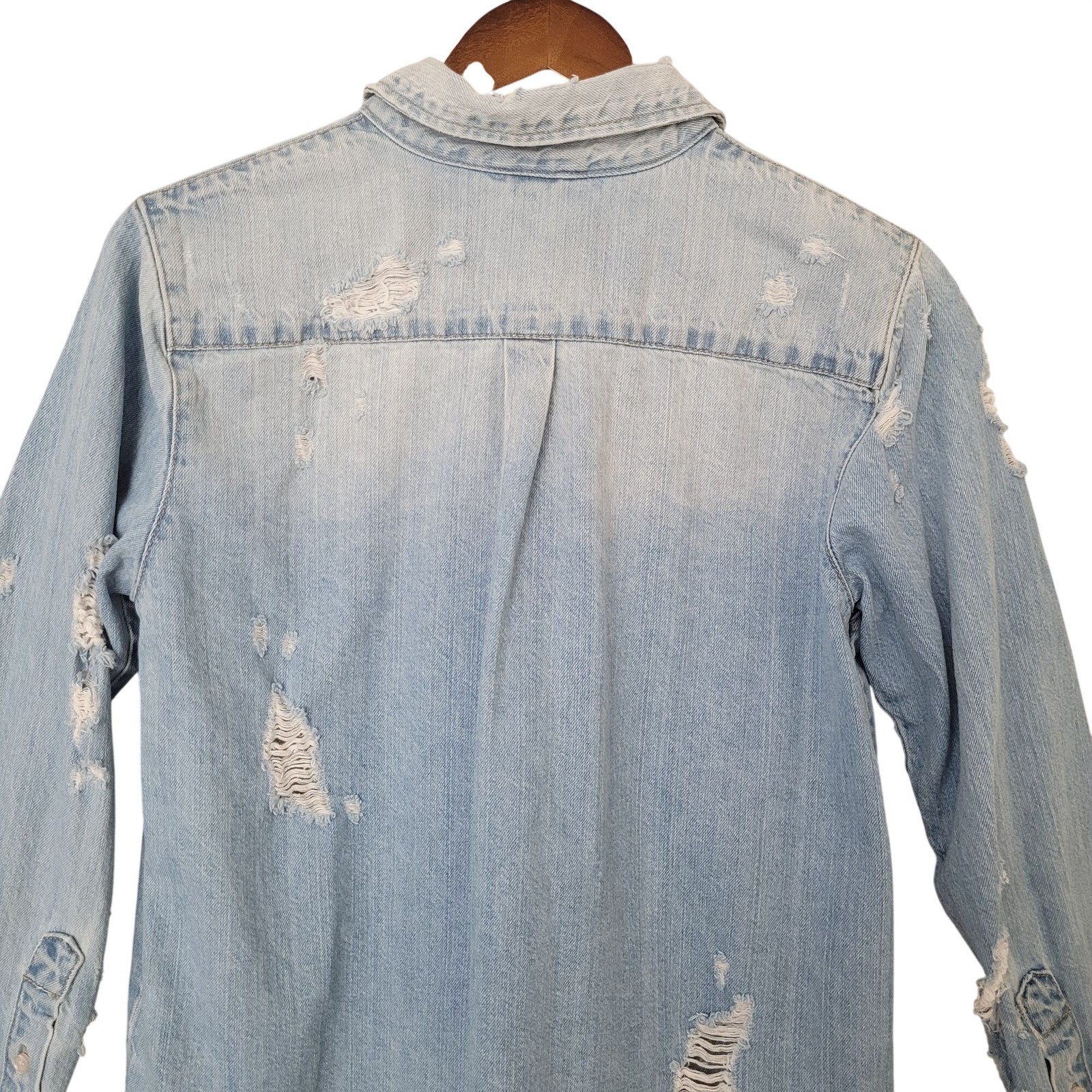 Pistola Distressed Button-Down Denim Shirt Size XS Blue Frayed Hem NWOT