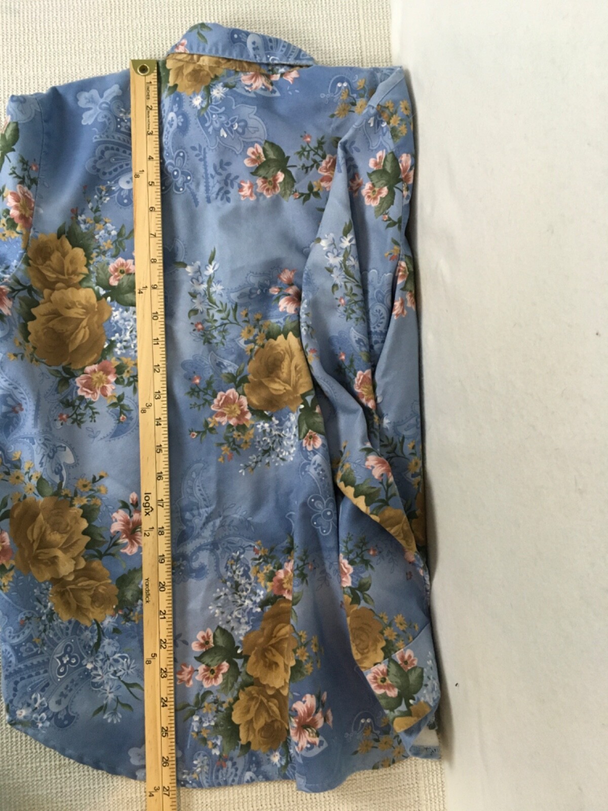 Lemon Grass Top Size M Blue w Pink Brown Flowers Button down Long Sleeves Blouse