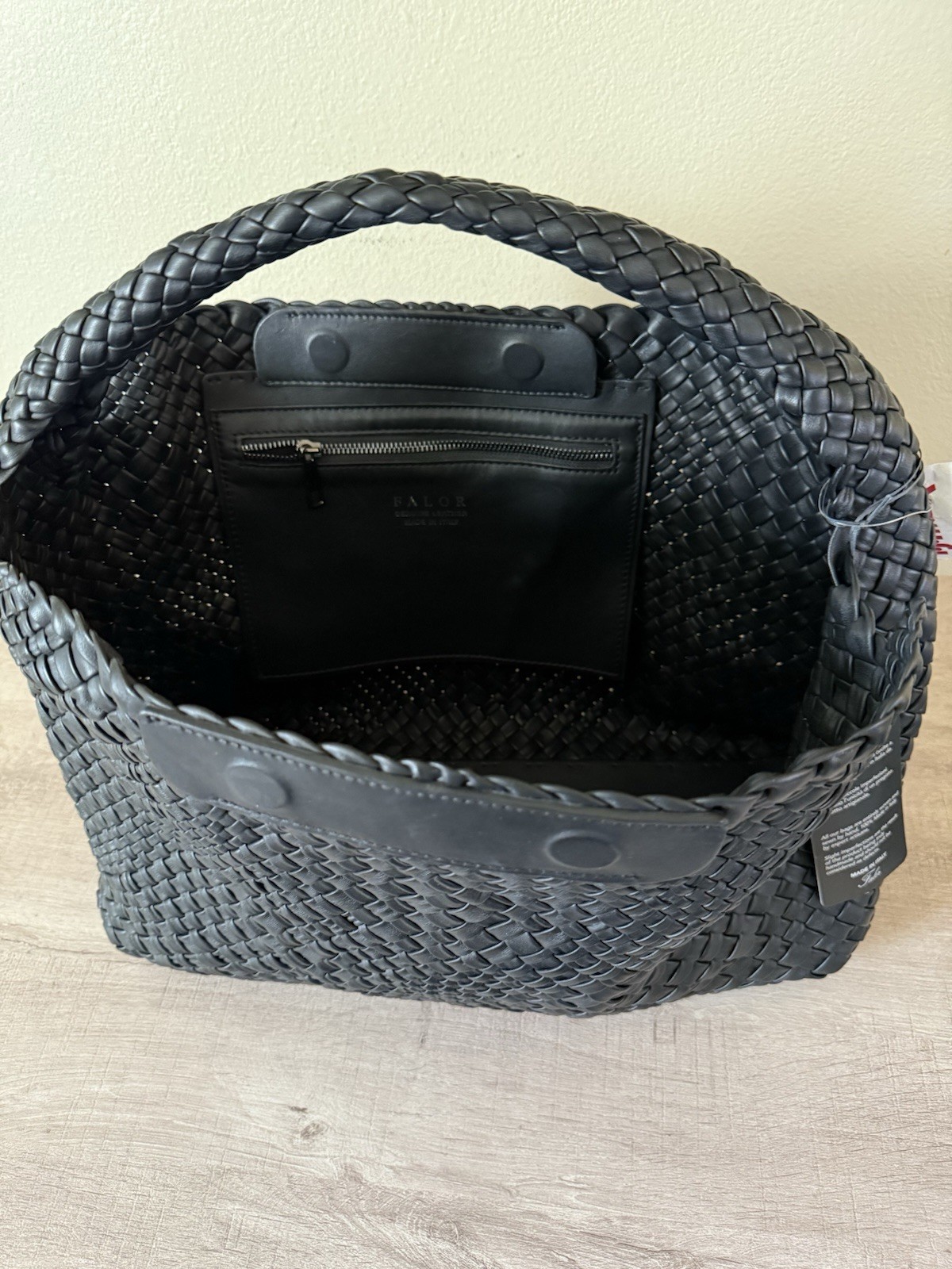 Falor Italy Black Woven Leather Shoulder Bag Hobo RARE Magnetic Closure NWT