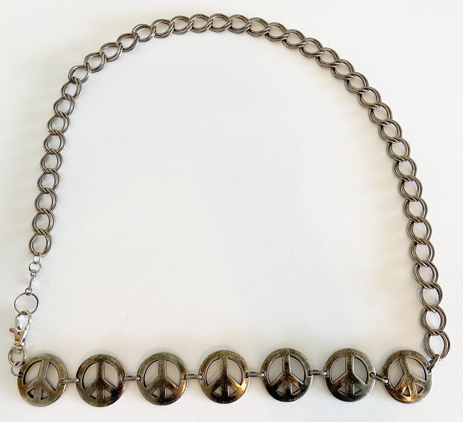 Vintage Peace Sign Belt 43 in Chain Silvertone Metal Unisex Hippie Boho Groovy