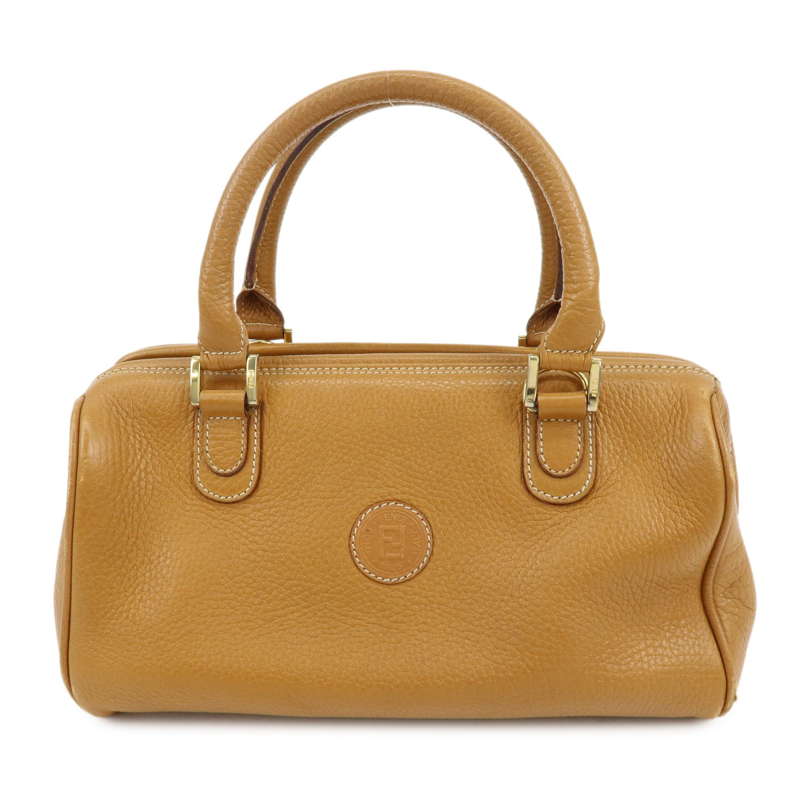 FENDI FF Logo Leather 2Way Bag Hand Bag Boston Bag Camel Authentic Used F/S