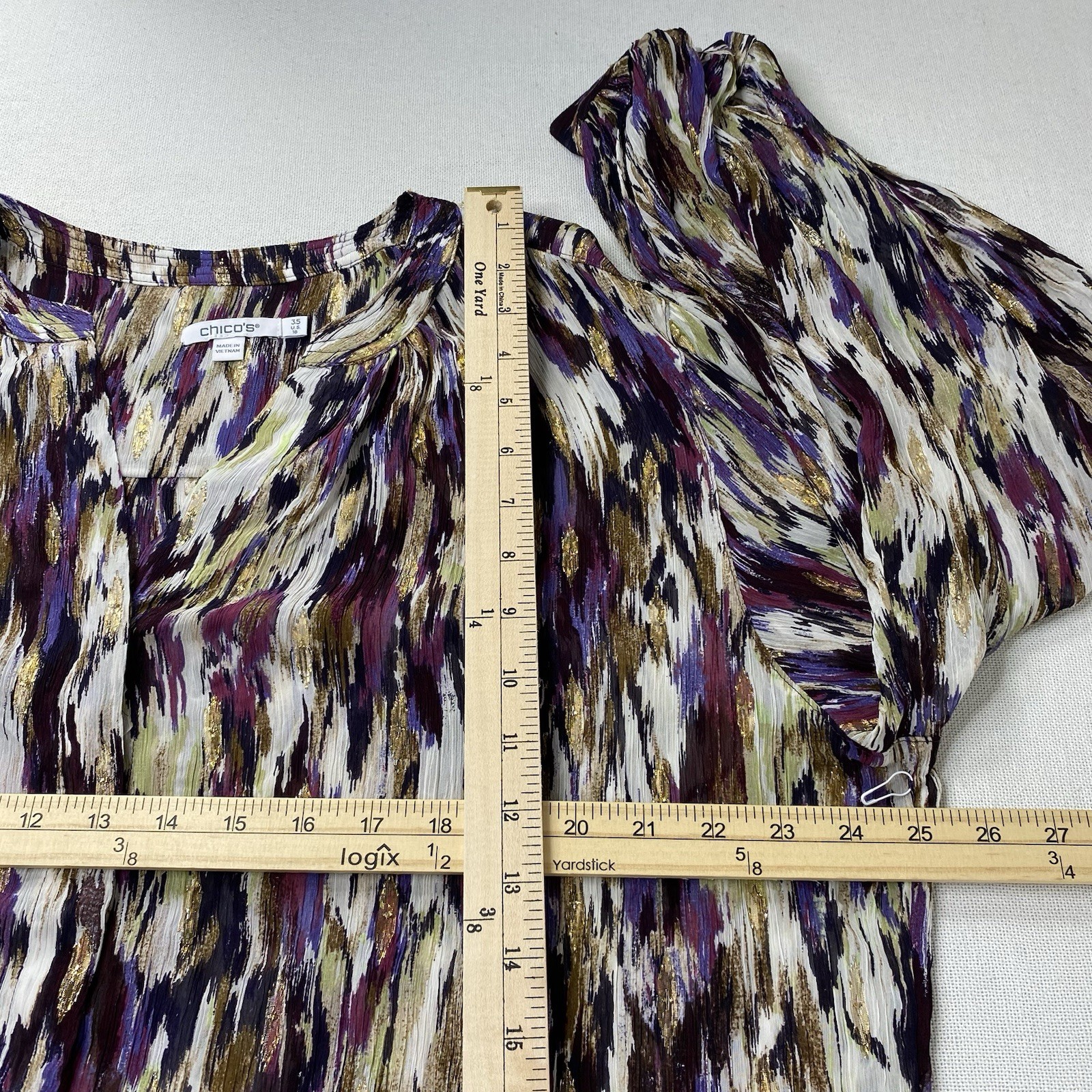 Chicos Purple Metallic Button Up Shirt Crinkled Semi-sheer Lightweight Sz 3.5/18