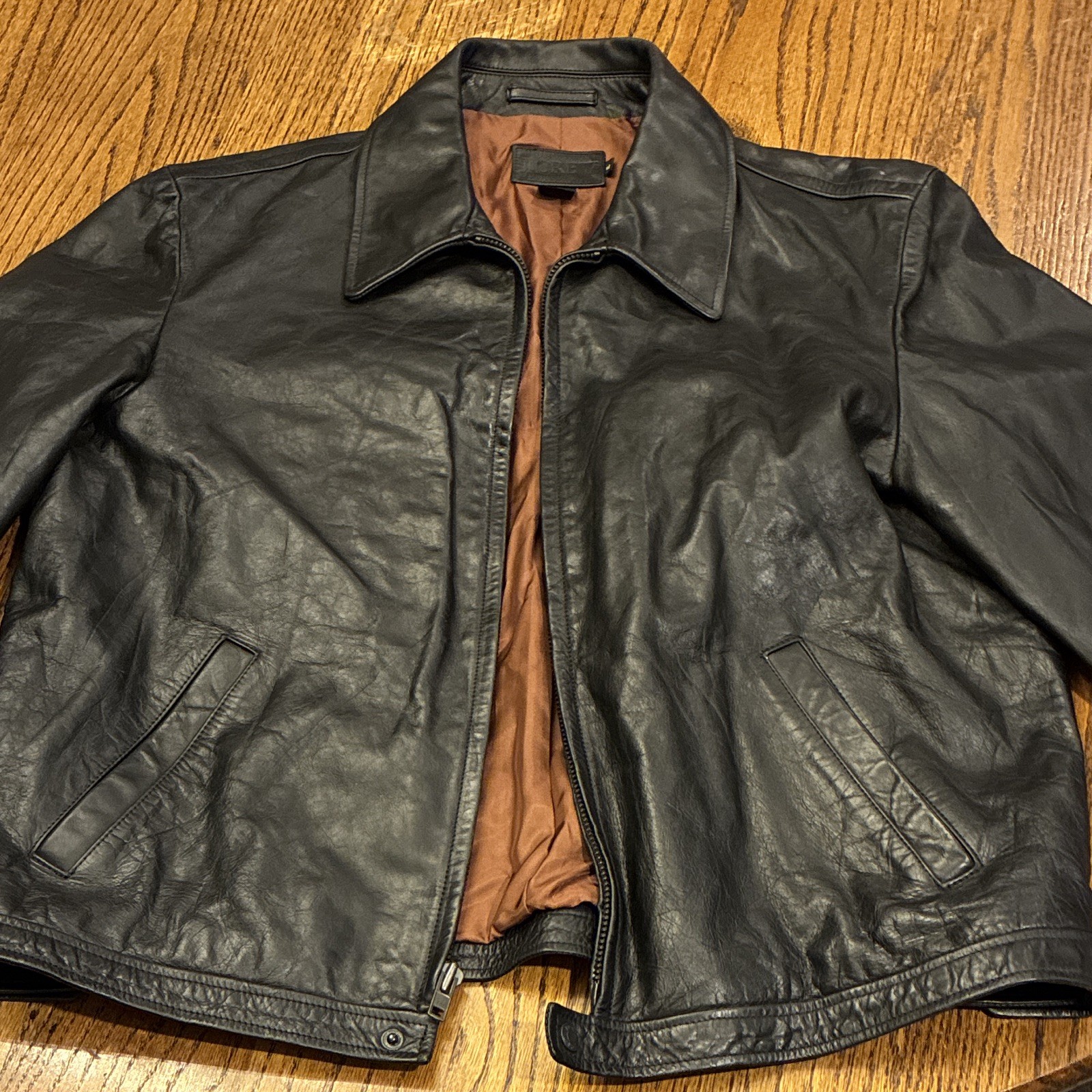 J.CREW Men’s XL Black Leather Jacket Lined Zip/Button Point Collar Pockets