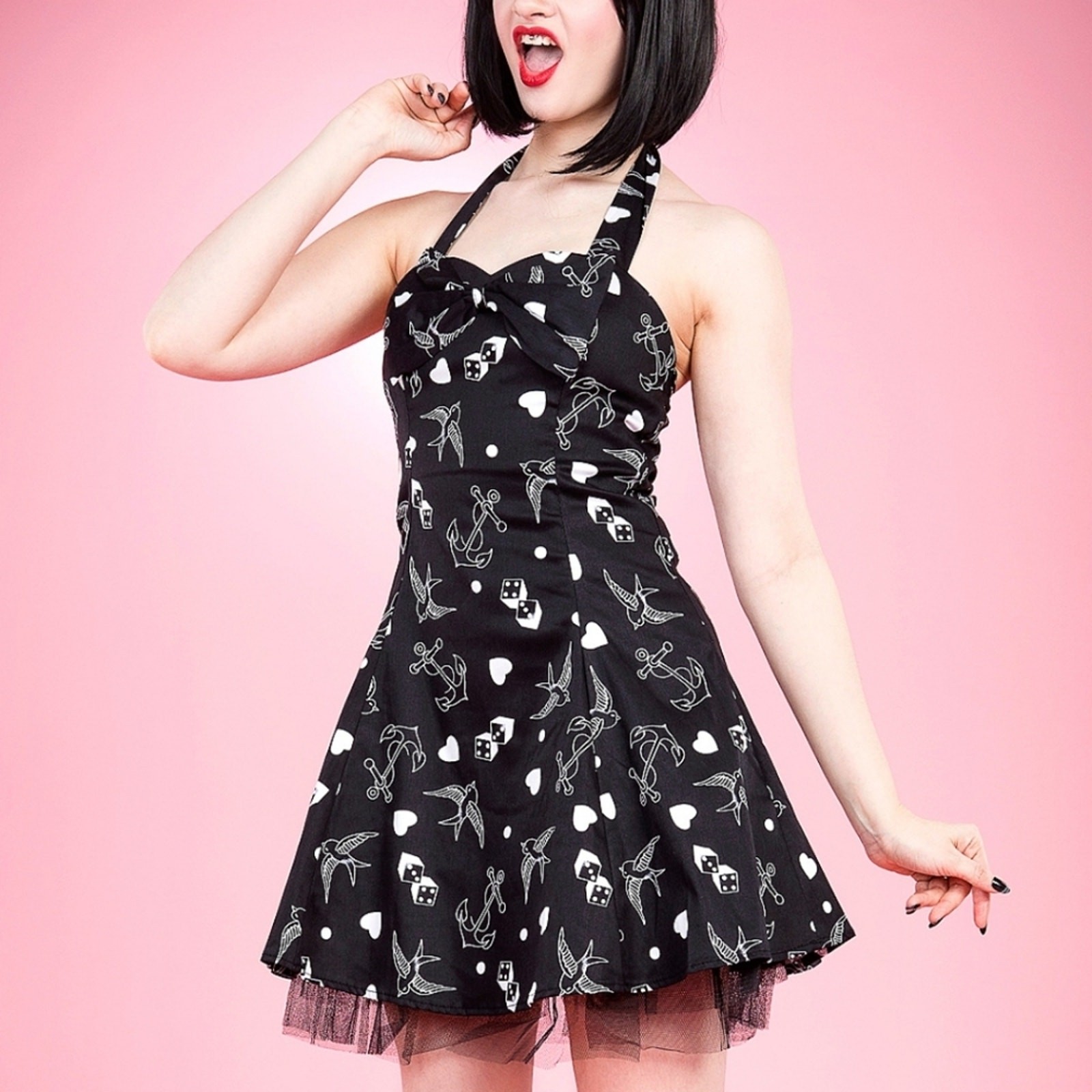 H&R London Tattoo Print Pin-Up Rockabilly Vintage-Inspired Swing Dress