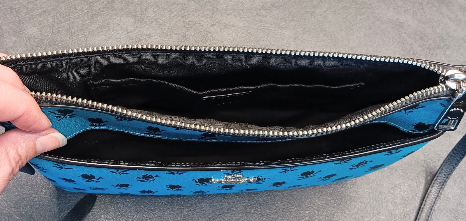 COACH Teal Blue Leather Floral Print w/ Pop Up Pouch Crossbody Bag #F38159 *READ