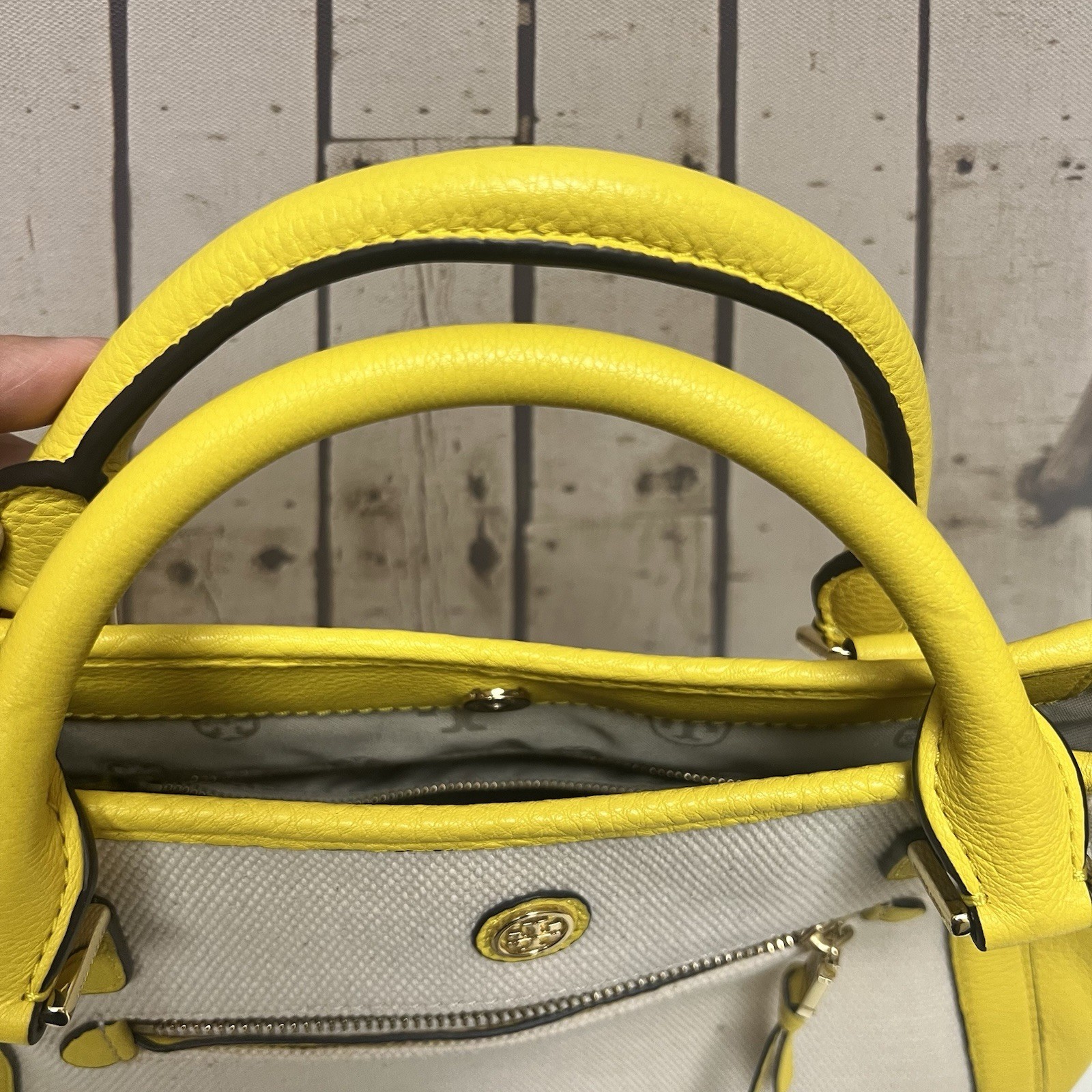 Tory Burch Yellow/Beige Satchel Top Handle Detachable Crossbody Zip Gold