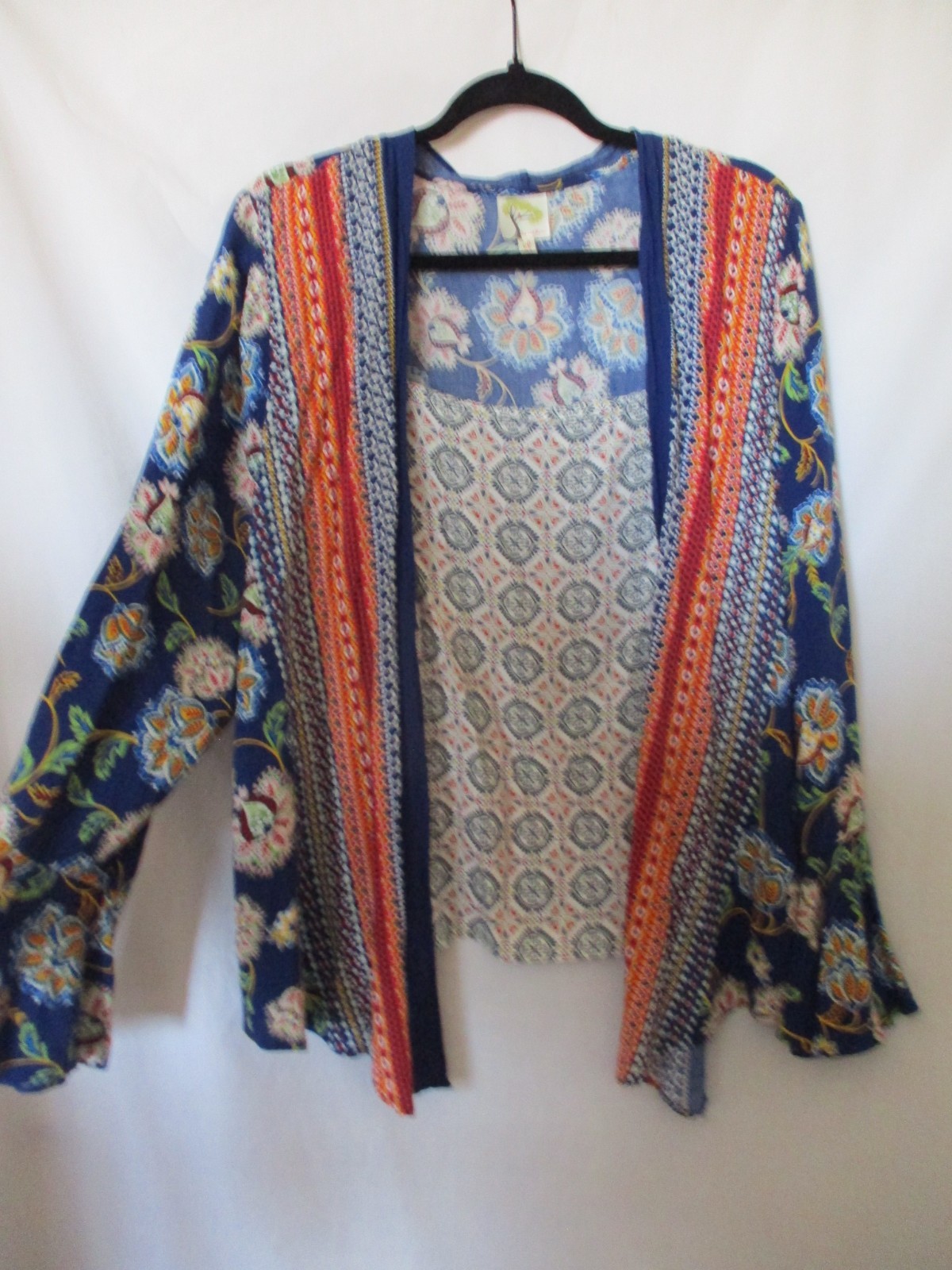 Fig & Flower layered Top Women XL Blue Boho Attached Tank Bell Sleeve Floral