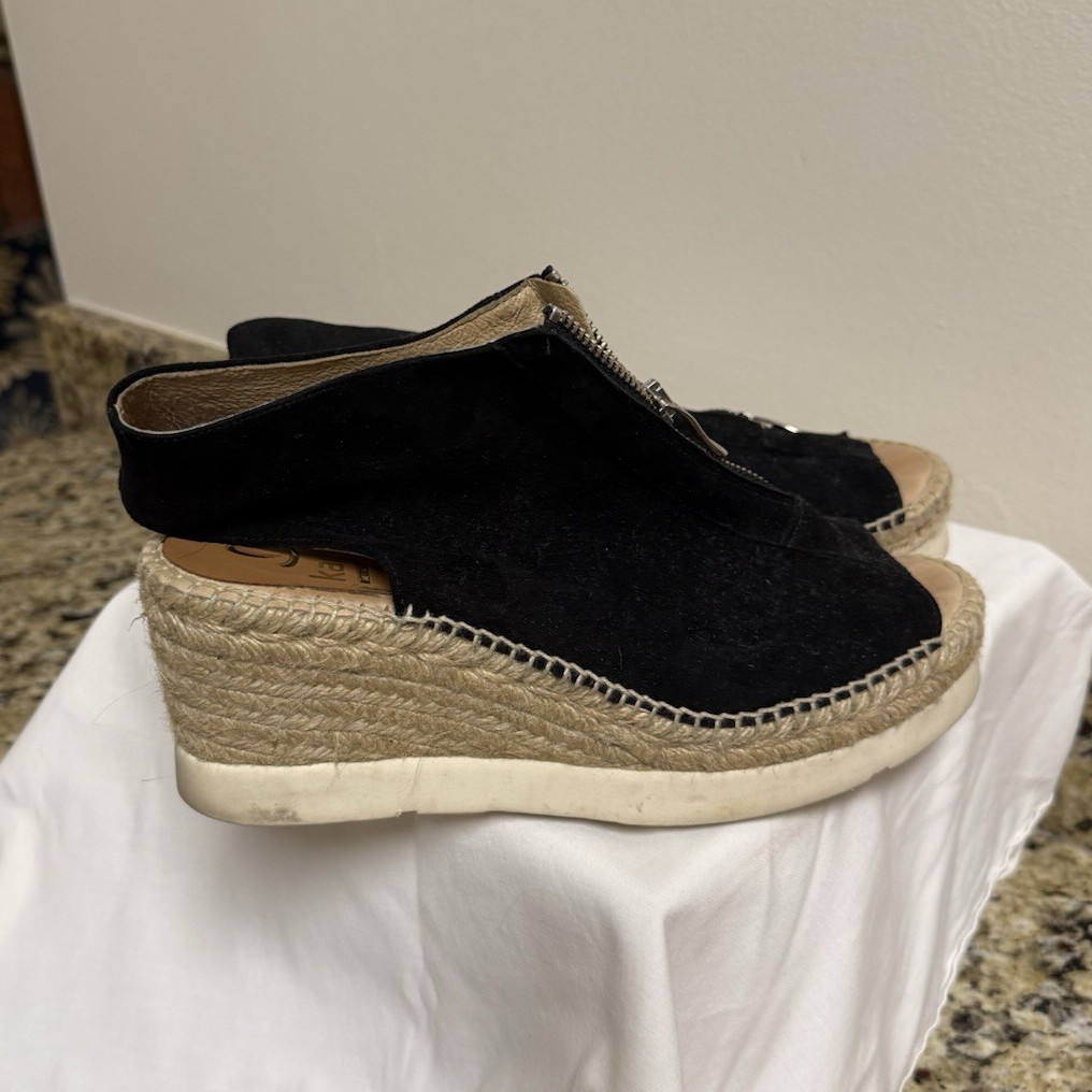 Black Suede Wedge Sandals Ankle Strap Side Zipper Open Toe Solid 8.5