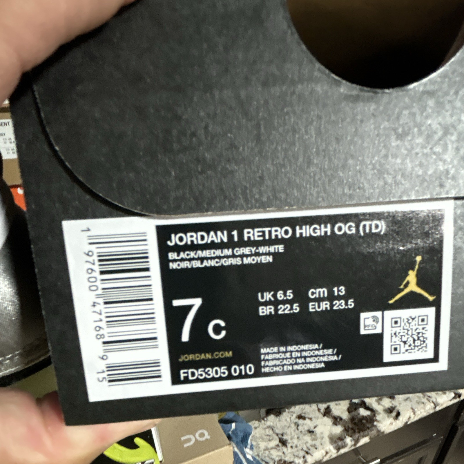 Jordan 1 Retro High OG TD High Top Leather Black/Grey/White US 7C FD5305-010