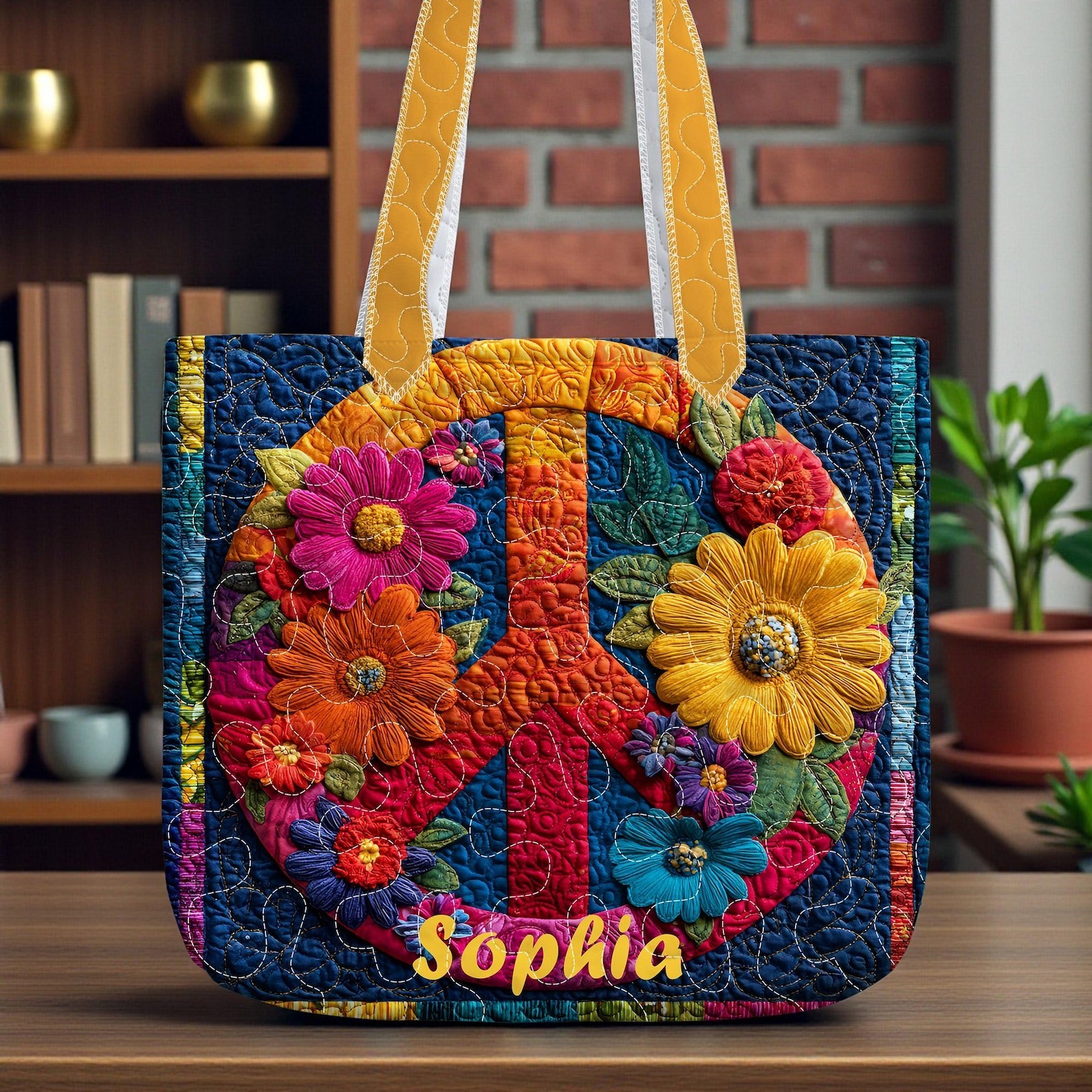 Personalized Colorful Flower Peace Sign Quilt Tote Bag, Custom Hippie Boho Tote