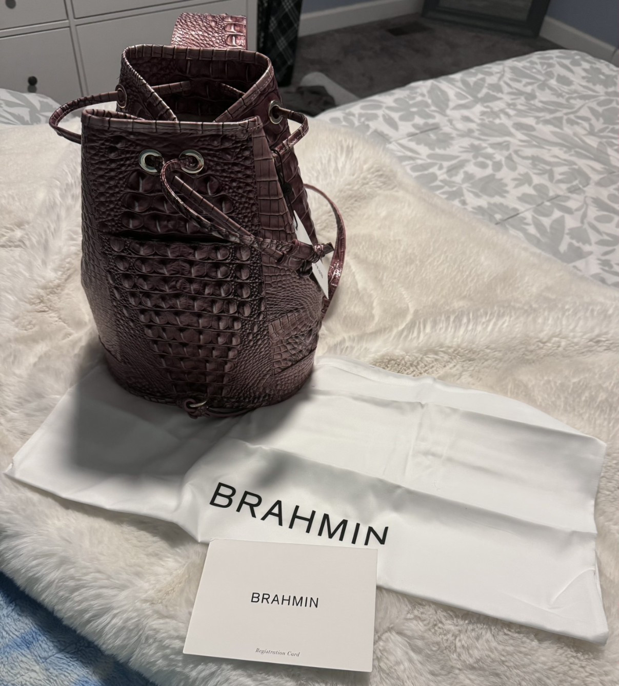 Brahmin Burgundy Embossed Animal Print Bucket Drawstring Bag