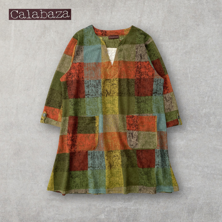 Boho Patchwork Style Plaid Tunic Top 3/4 Sleeve Key Neck Multi Color Loose Fit