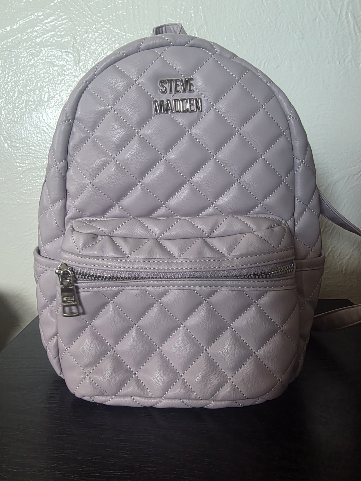 Steve Madden Women’s Lavender Quilted Backpack Zip, Silver Hardware