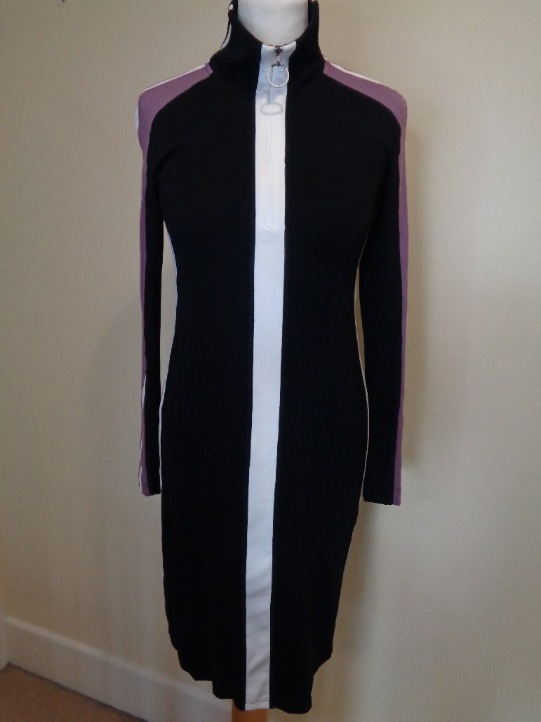 MARC CAIN BLACK JERSEY LONG SLEEVE DRESS WITH ZIP AND STRIPE DETAIL – SIZE 10