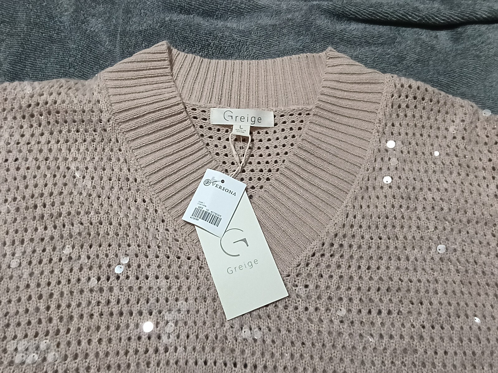 NWT Greige Sequin Open Knit Sweater – Women’s Large – Boutique Style