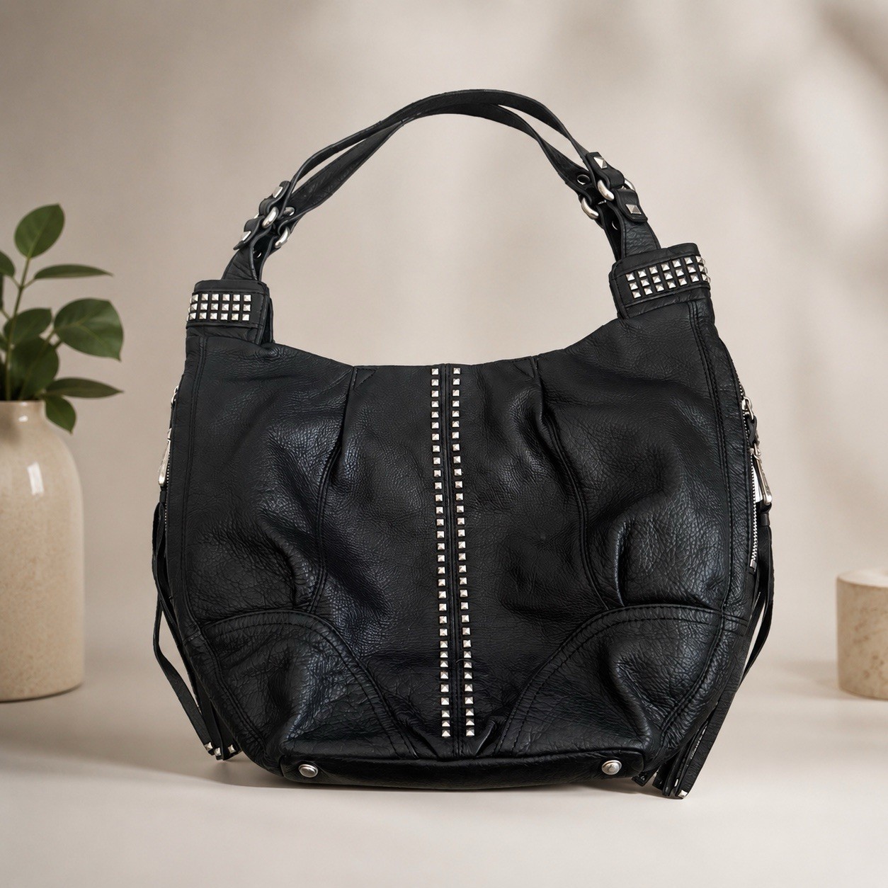 B Makowsky Studded Black Large Shoulder Bag 100% Leather Purse Y2K Vintage