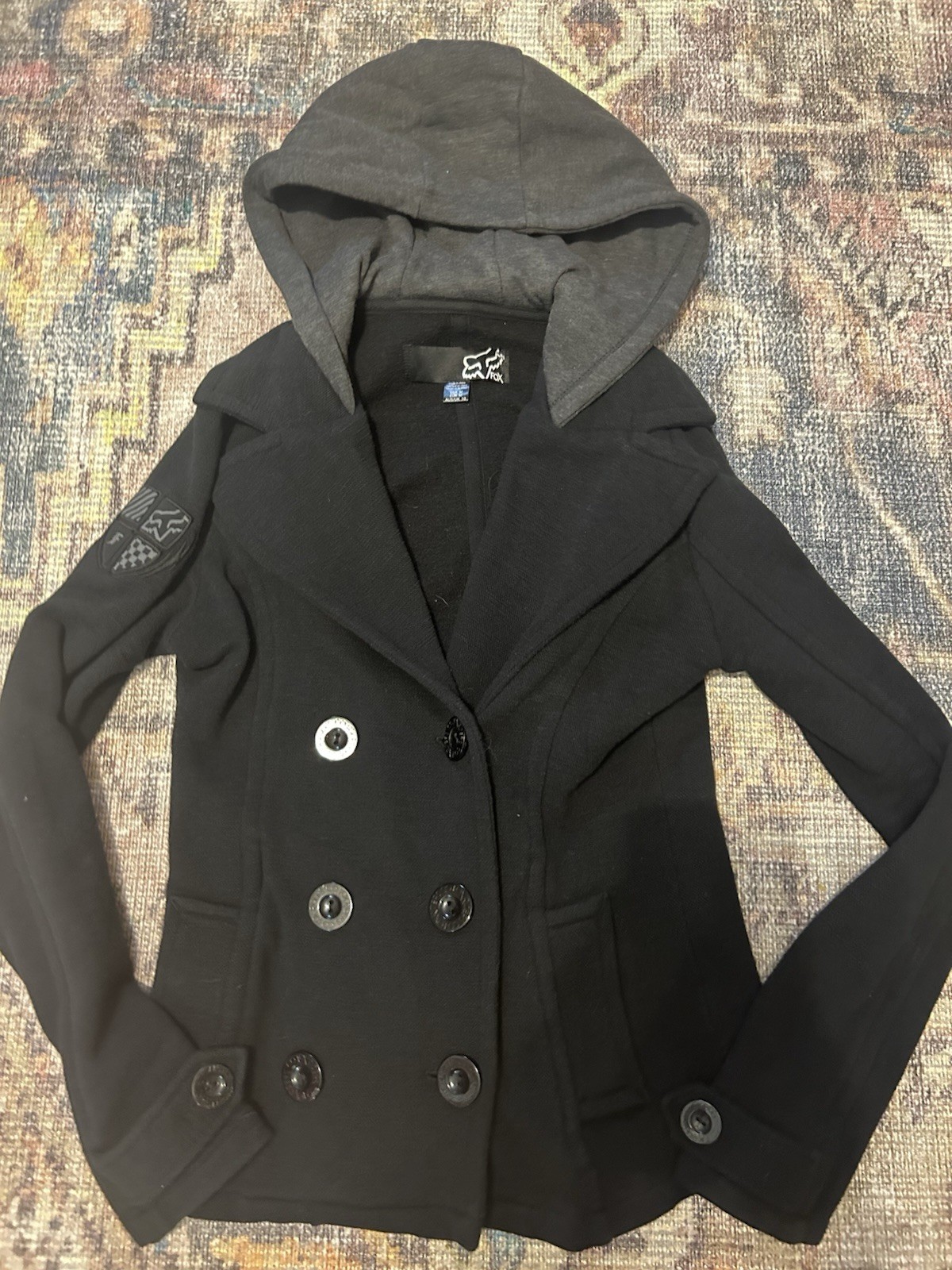 Fox Men’s Hooded Pea Coat Jacket Black Solid Button Front Logo Accent Size M
