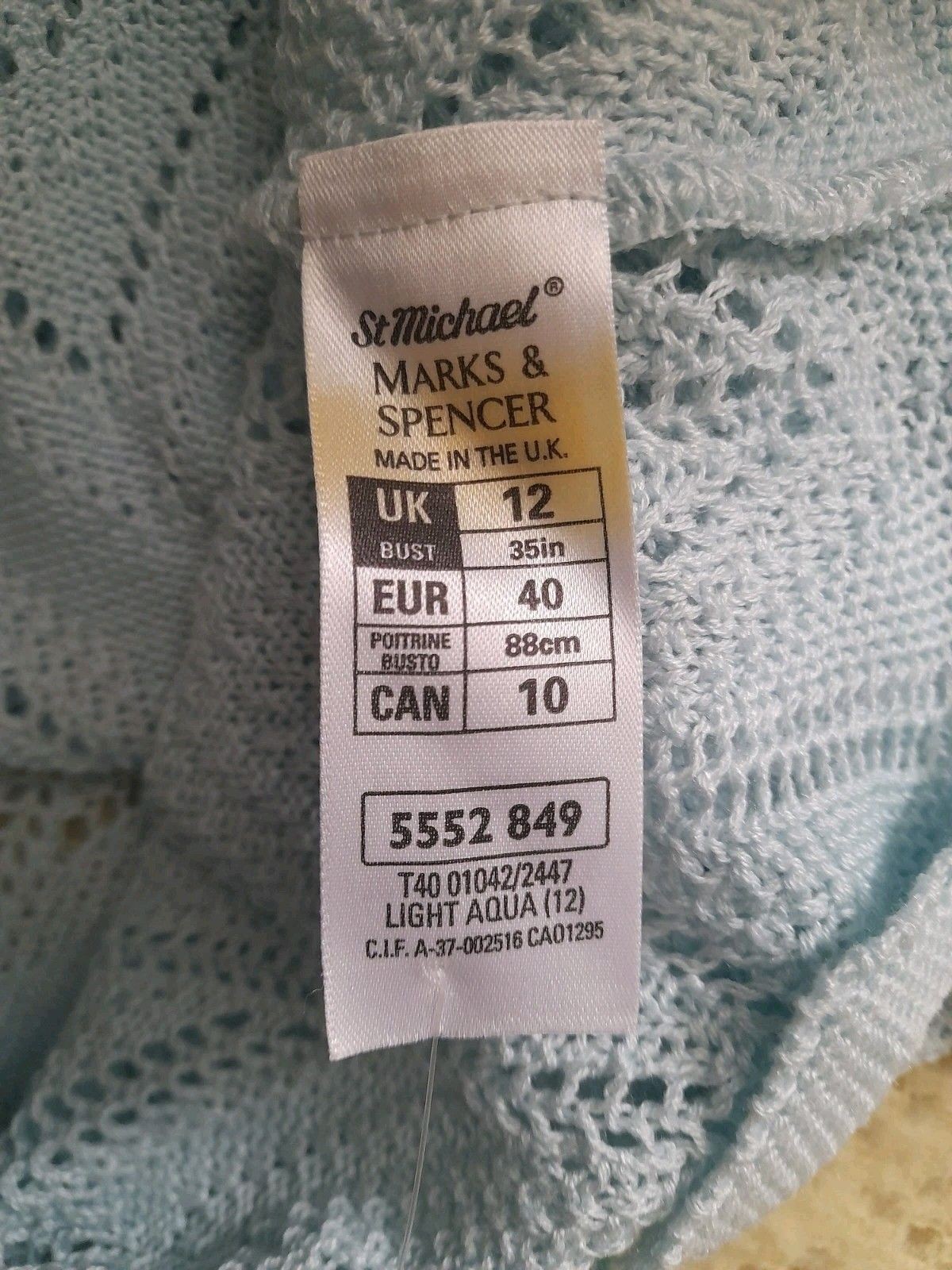 M&S Marks & Spencer Jumper UK 12 Light Aqua S/Sleeve Pointelle Vintage 1990’s