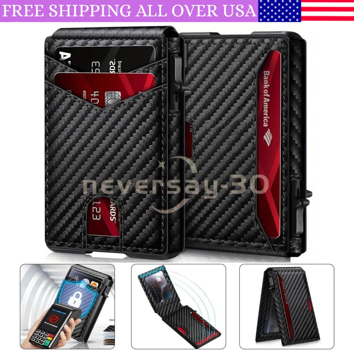 Men’s Slim PopUp Bifold Carbon Fiber Wallet, RFID Blocking, Card Holder,Men Gift