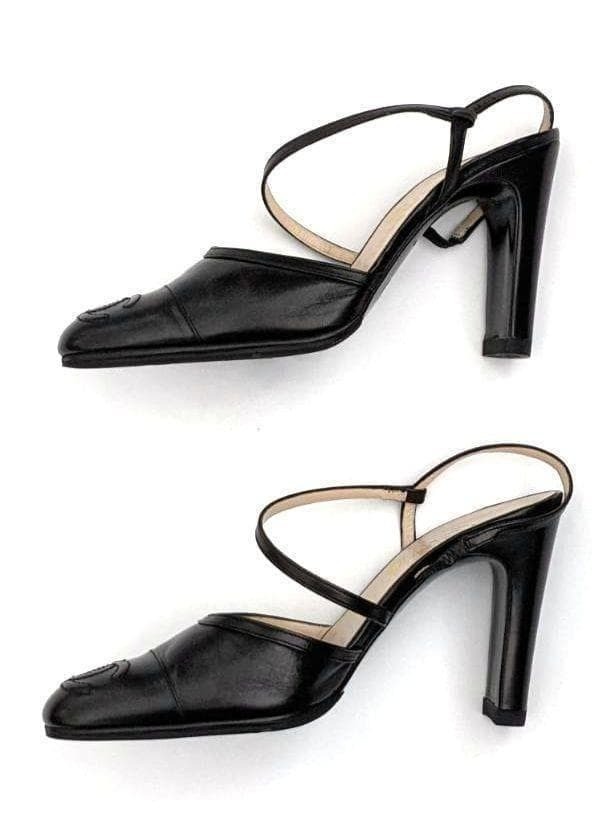 CHANEL Leather Ankle Strap Pumps Heels Black Size 35 (22.5cm) 9cm Heel 062260d