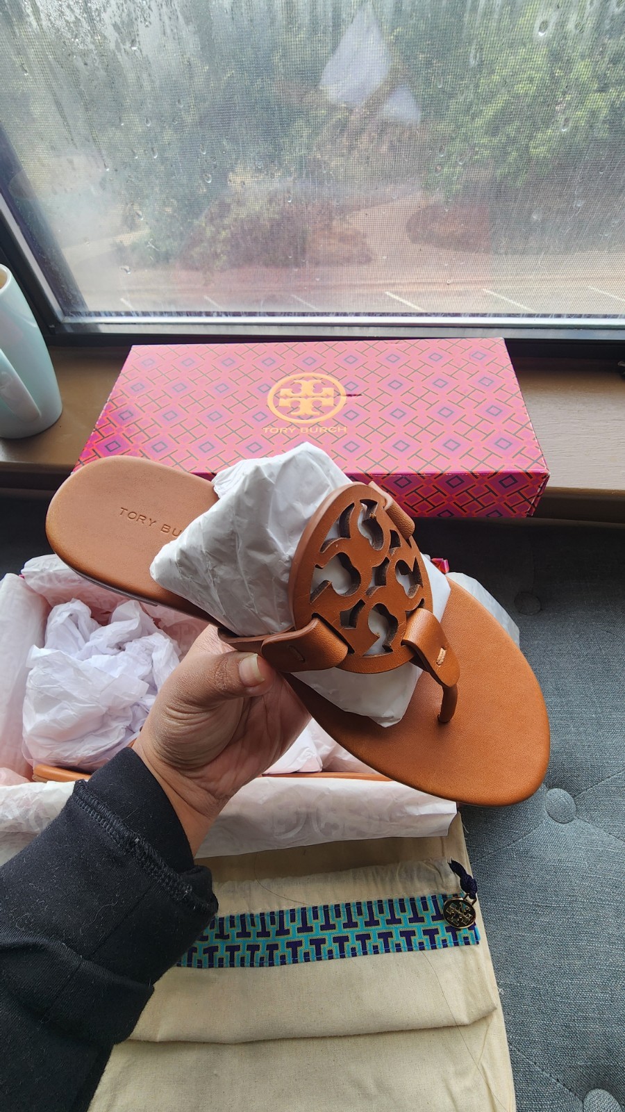 Tory Burch Miller Women’s Leather Thong Slip-On Sandals Brown Logo US 5