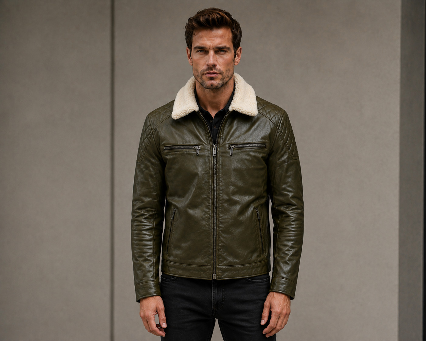 Men’s Green Leather Jacket – Faux Shearling Collar – Quilted Biker – Bomber Zip