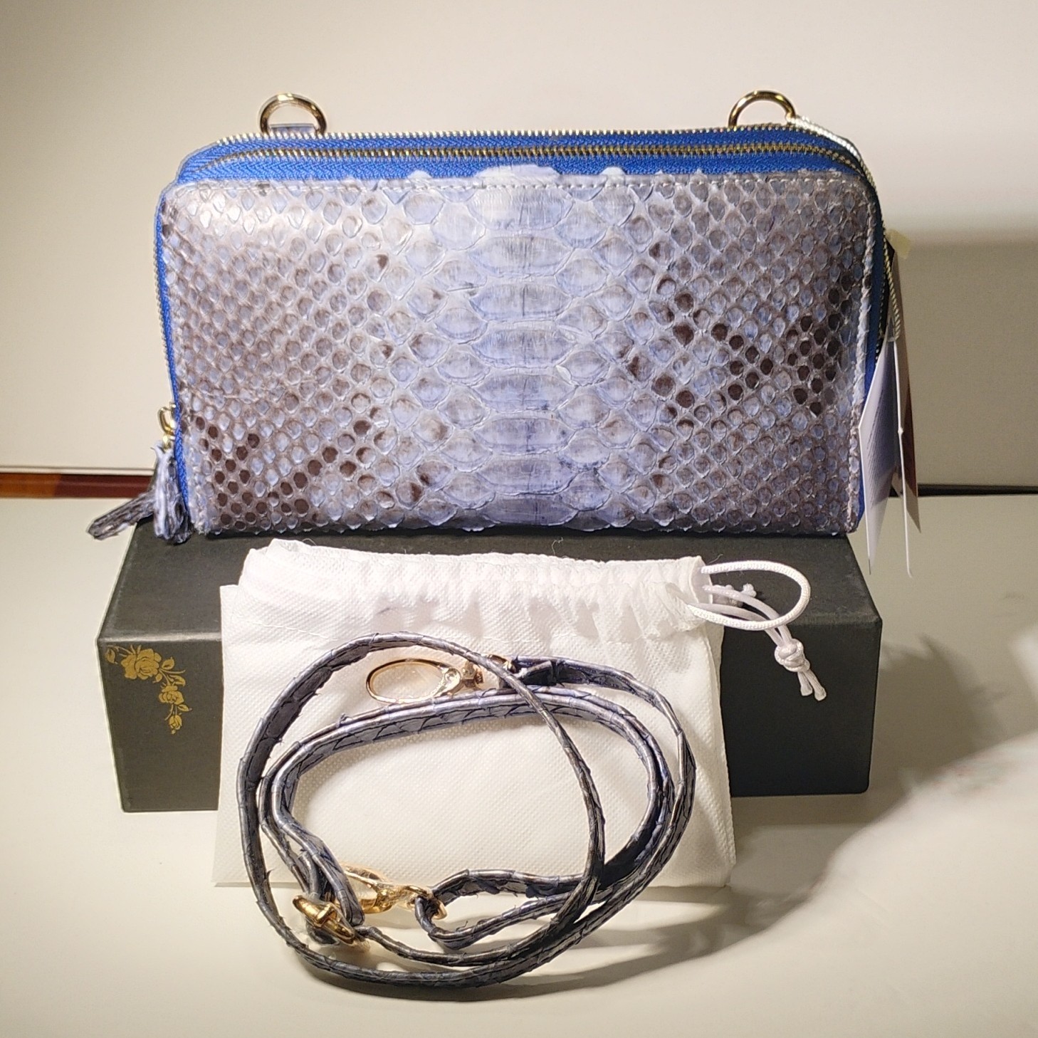 Grand Pelle Navy Python Snakeskin Crossbody Bag, Detachable Strap, Zip, Pockets