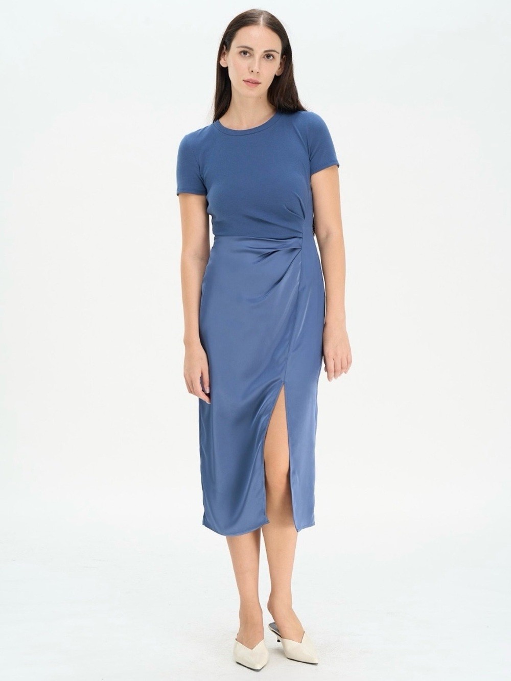 Steel Blue Front Slit Satin Twist Midi Dress