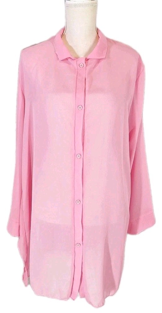 Sheer Transparent Chiffon Cover-Up Blouse Collared Button Front Shirt SzL Pink