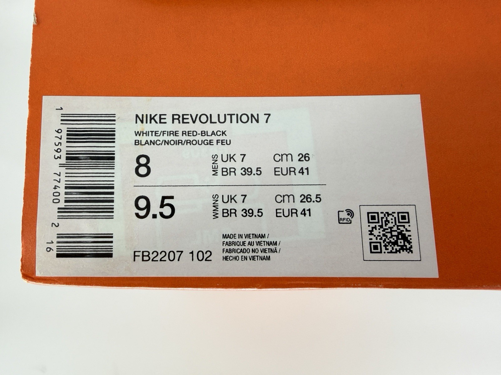 Size 8 Nike Revolution 7 White Fire Red Black Sneakers FB2207-102 Mens