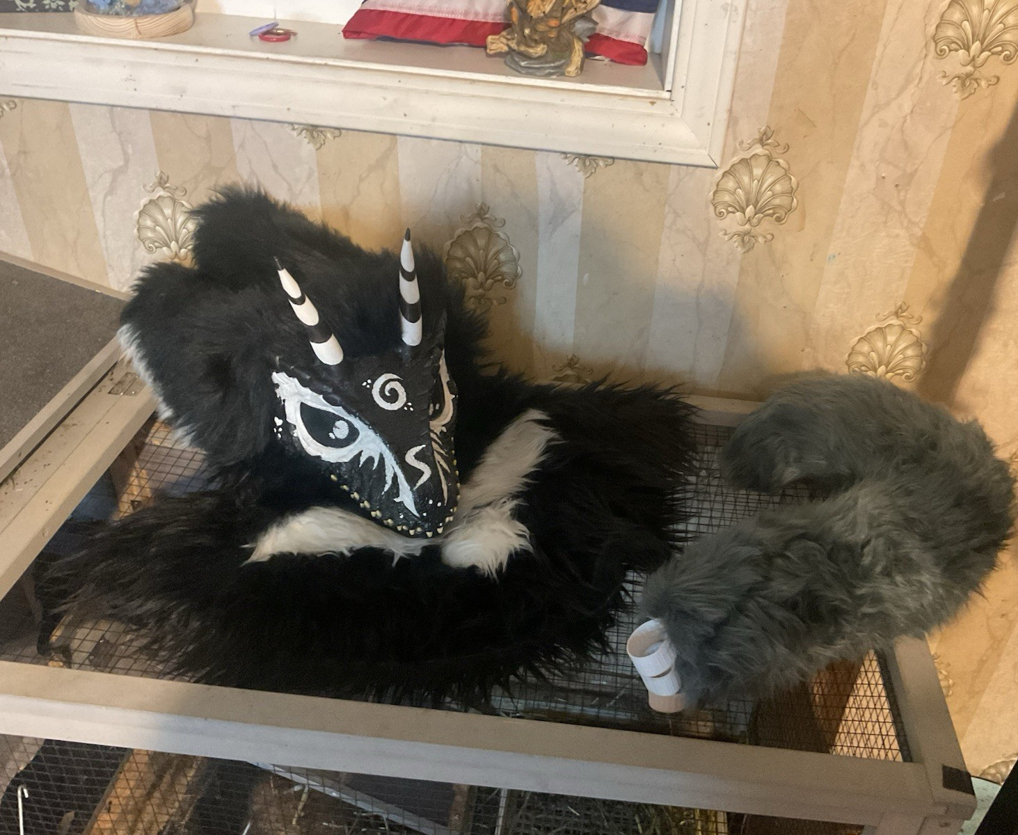 Black & White Faux Fur Animal Full Mask with Horns, Adjustable, One Size