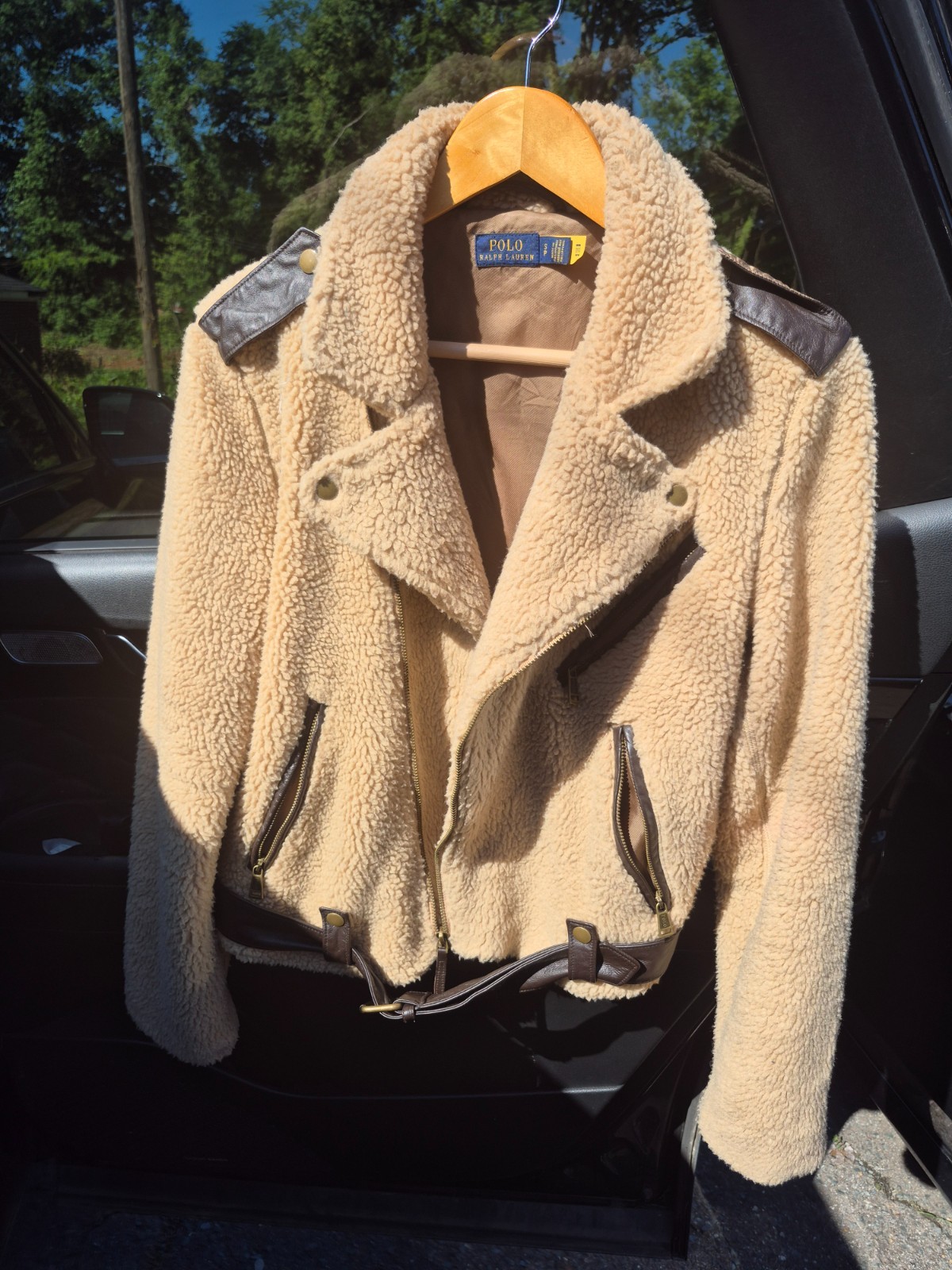 POLO RALPH LAUREN Sherpa Fleece Moto Jacket Leather Trim Women’s Size SP