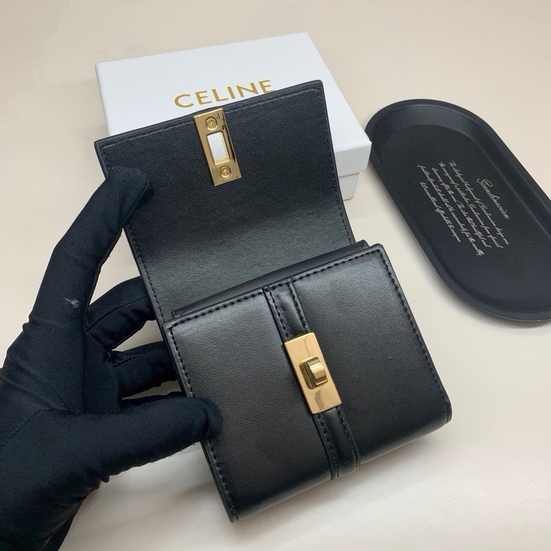 CELINE Black Wallet Gold Logo Hardware Zip Coin Pocket Credit Card Solid Women’s
