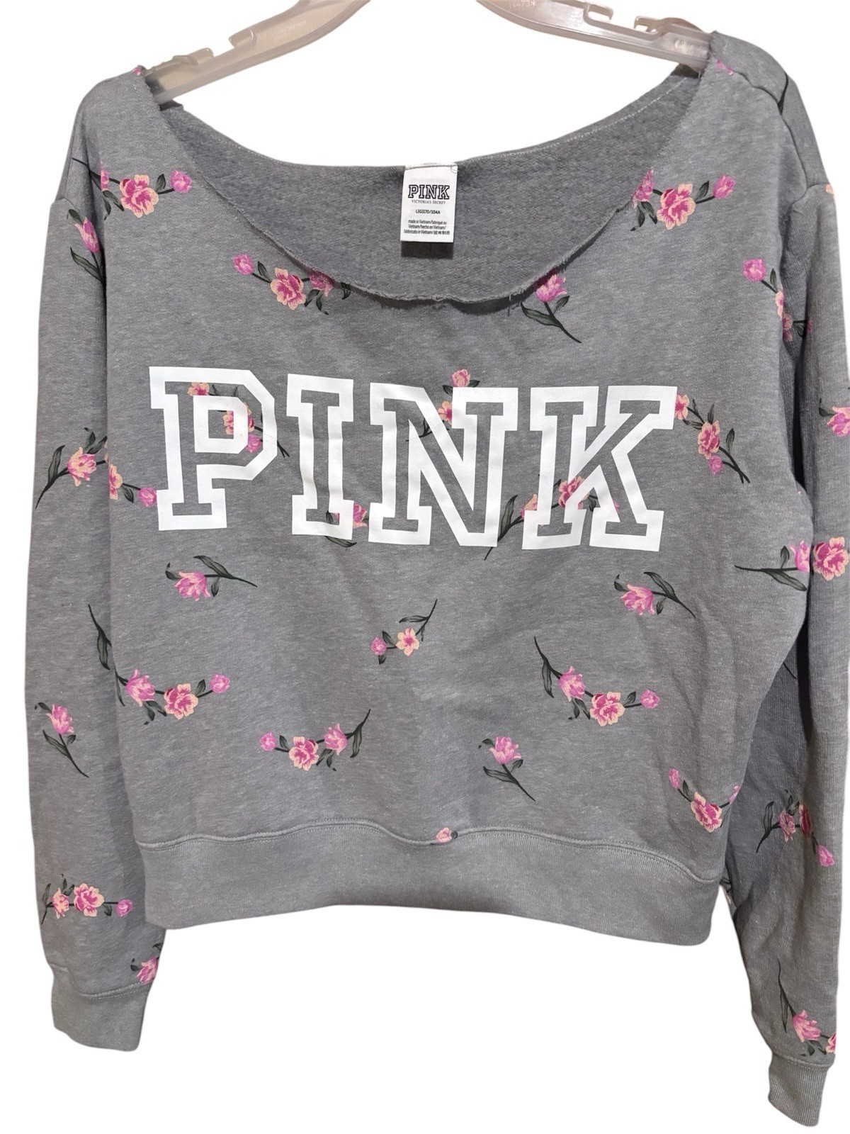 Victoria’s Secret PINK Womens Large Grey Pink Roses Long Sleeve Sweatshirt