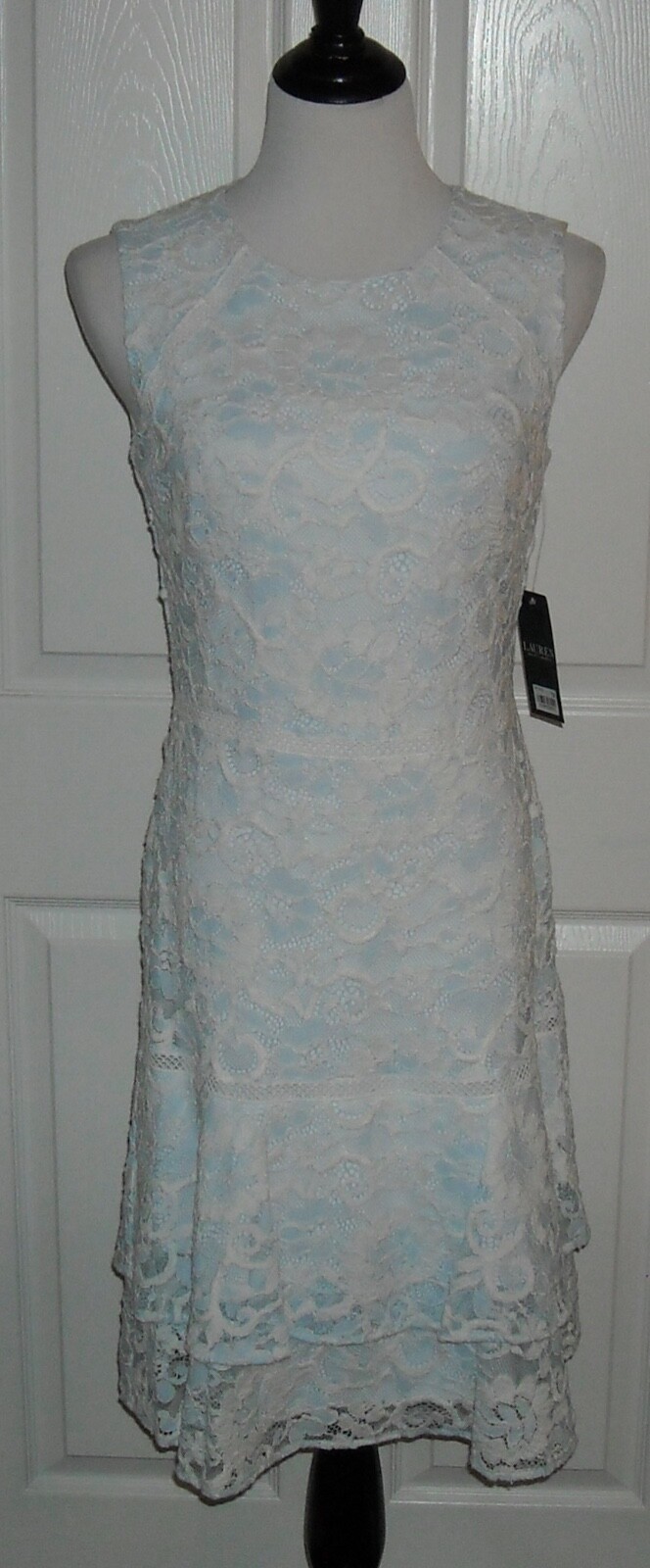 NWT Women’s Ralph Lauren Sleeveless Dress Size 6 Color White/Ice Blue $185