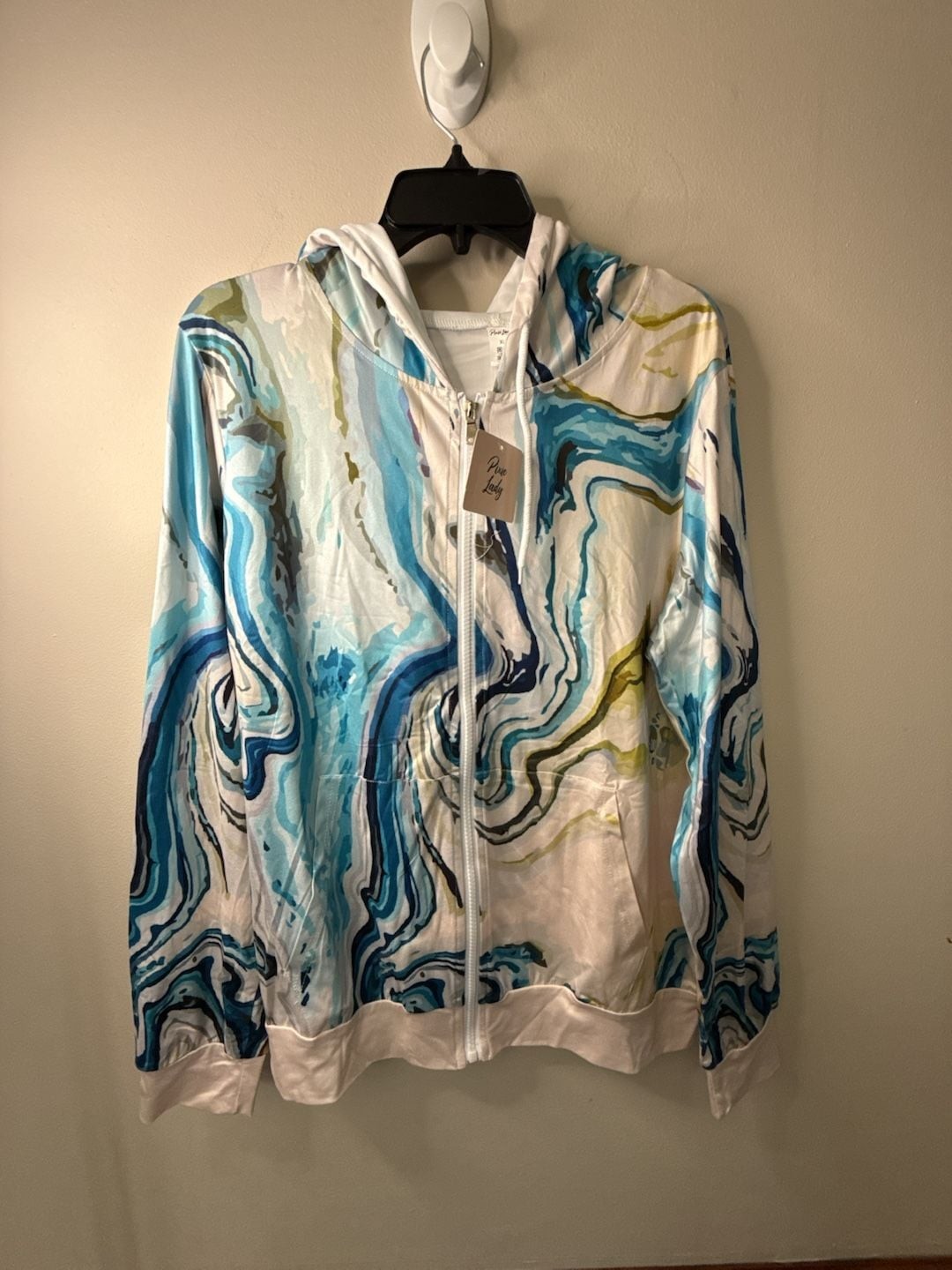 Pixie Lady Blue and White Marble Print Zip-Up Hoodie