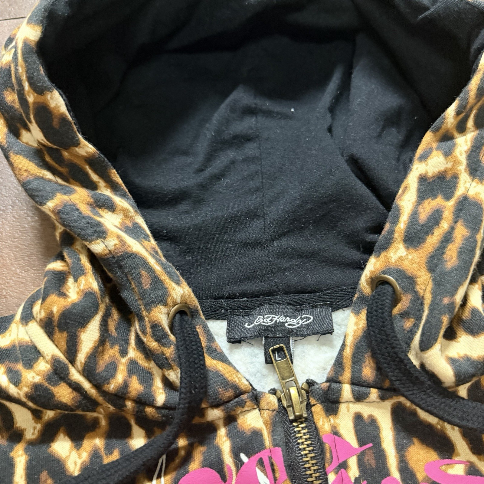 Ed Hardy Leopard Animal Print Zip Hoodie L Women Brown Black Fleece