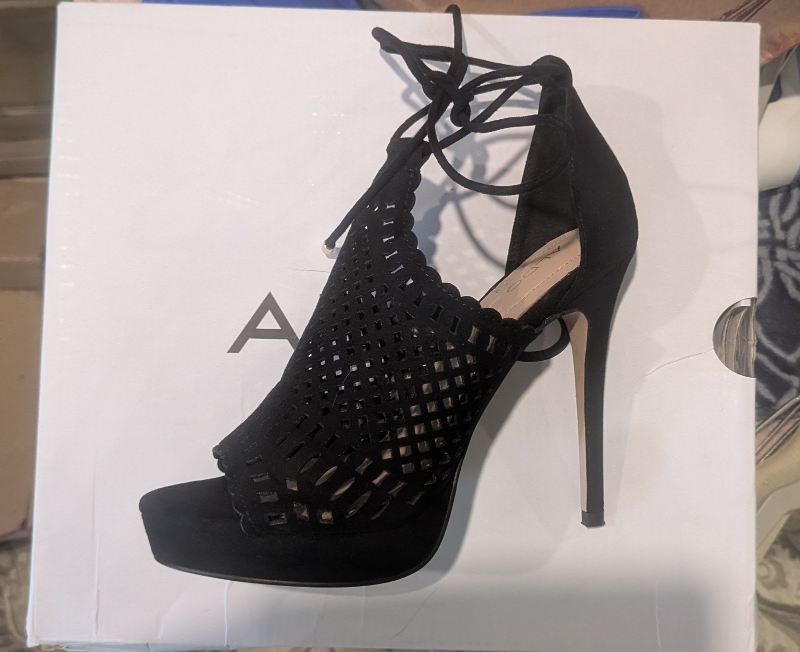 ALDO Women’s Black Suede Strappy Open Toe Lace-Up Cut-Out Stiletto Heel 6