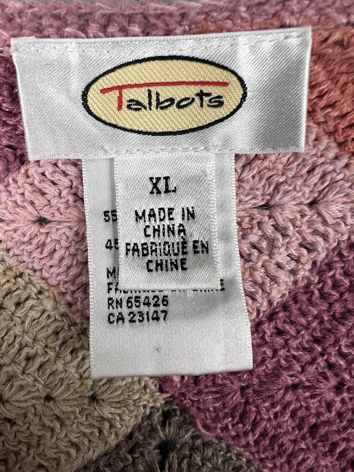 Talbots Cardigan Sweater Womens L/XL Pink Argyle Crochet Knit Zip Cottagecore