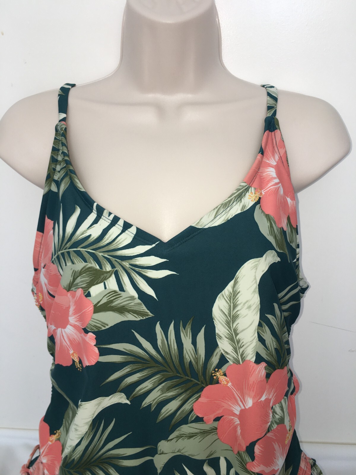 Kona Sol Womens Swimsuit One Piece Swimwear Green Floral Tropical Side Cinch…