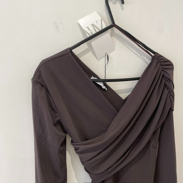 Zara Exposed Shoulder Brown Top Size S Semi Sheer Draped New Tags