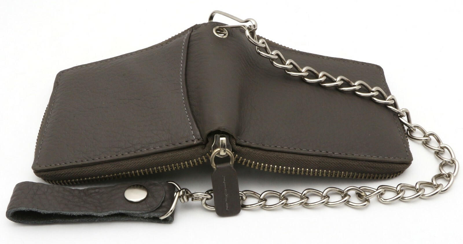 Bifold Gray Genuine Leather Scale Texture Zip-Around Wallet with a Chain