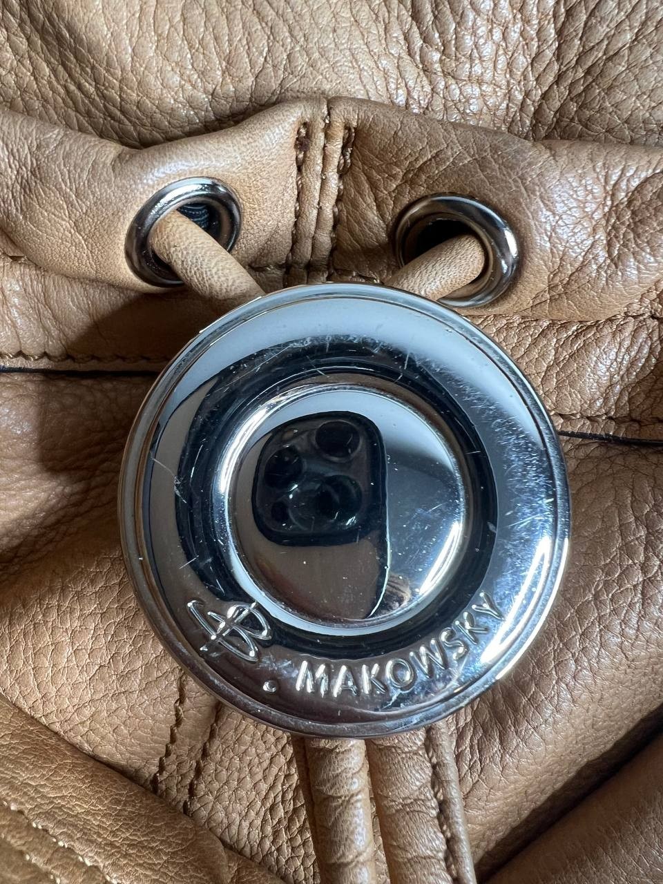 B. Makowsky Tan Leather Shoulder Bag Hobo Purse Slouchy Silver Hardware