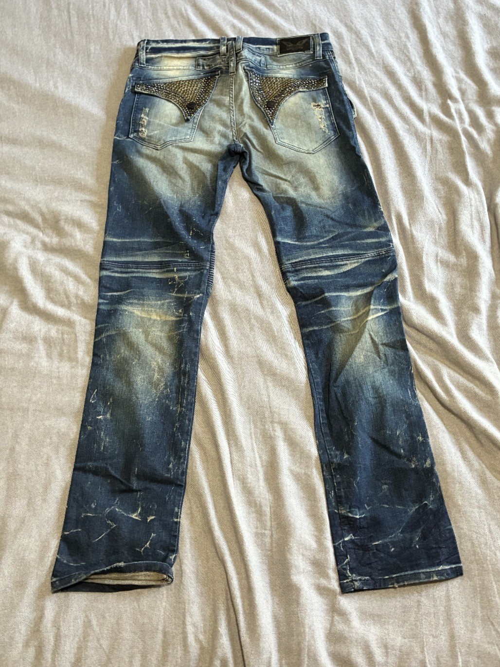 Robin’s Jean Men’s Blue Slim Straight Distressed Studded Medium Wash Jeans