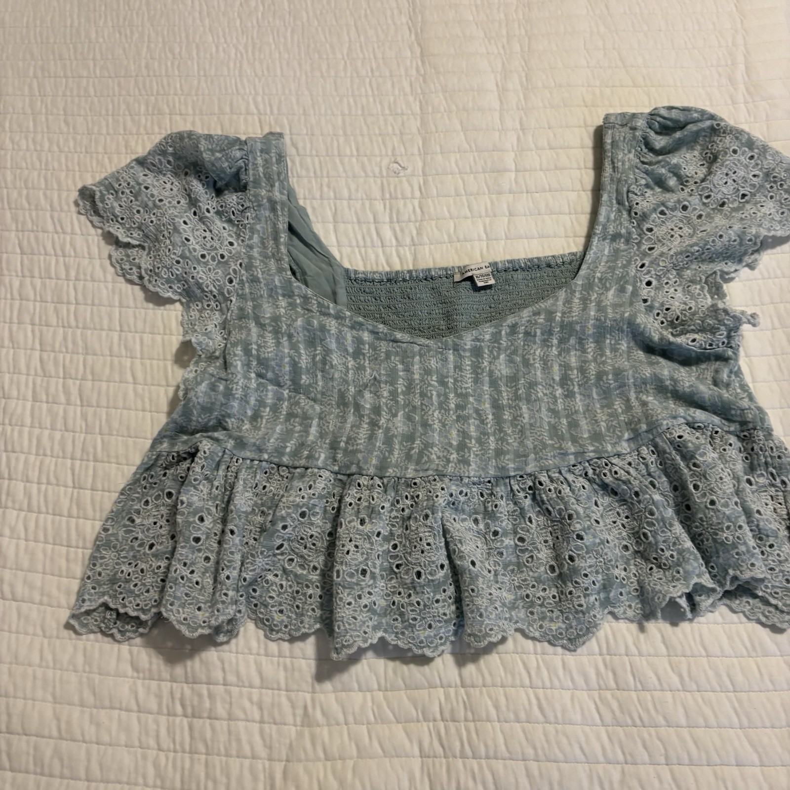 America Eagle Blue Plaid Eyelet Crop Top Flutter Sleeve Babydoll Cottagecore XL