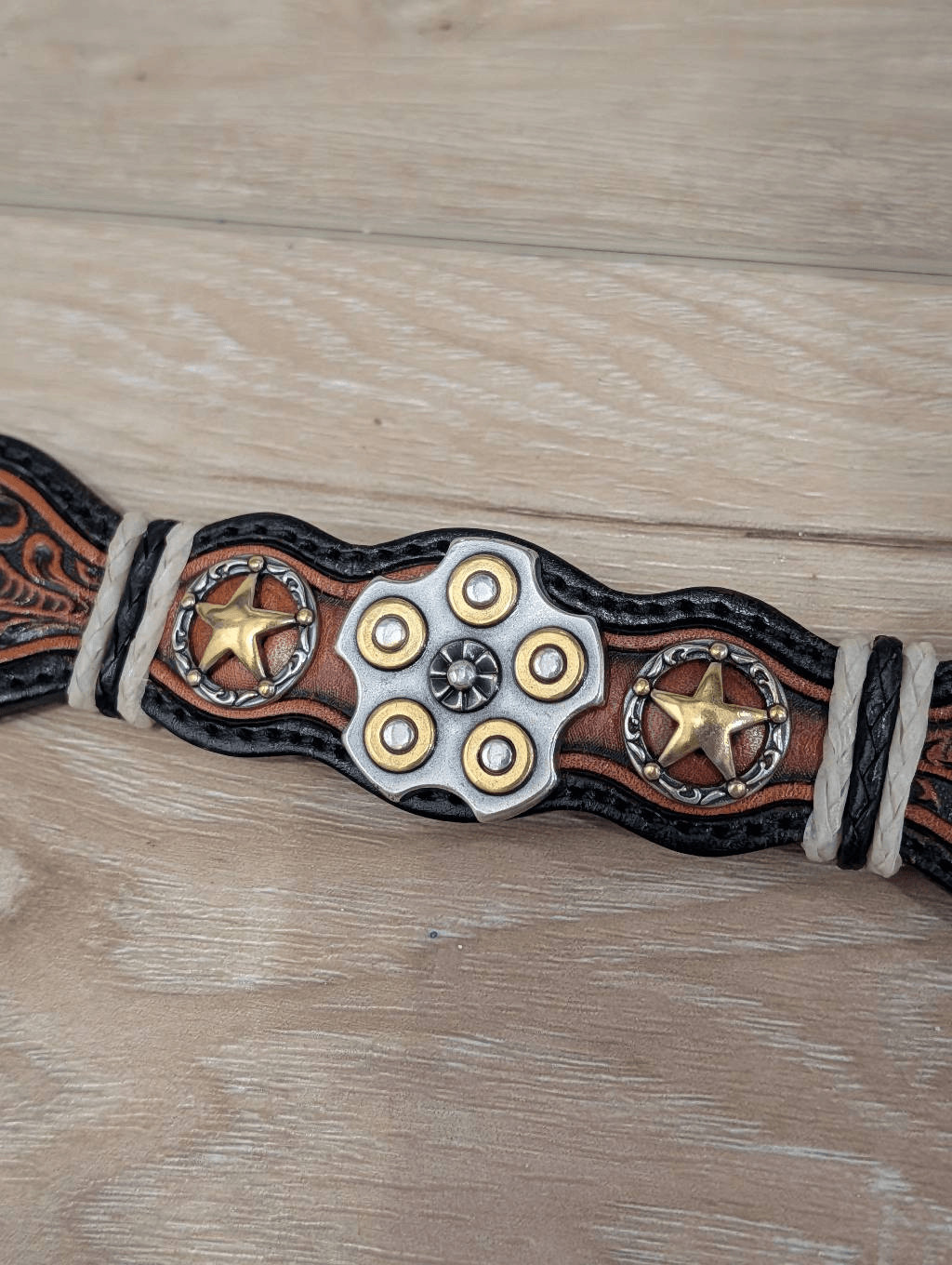 Silver Creek Tooled Leather Belt Western Sheriff Star Revolver Concho Sz 34