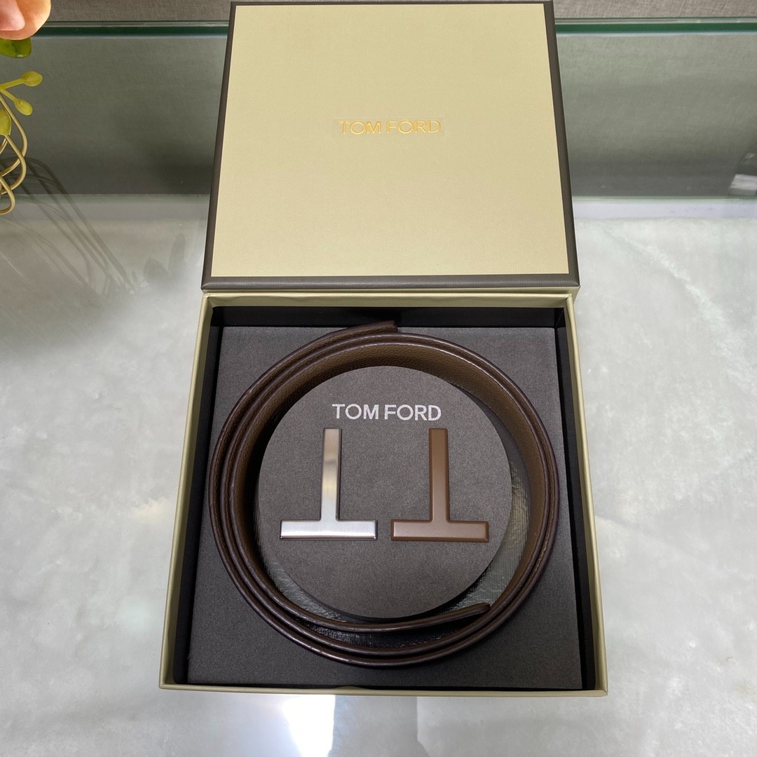 Tom Ford Mens T Logo Brown/Black Leather Dress Belt S.S. Buckle